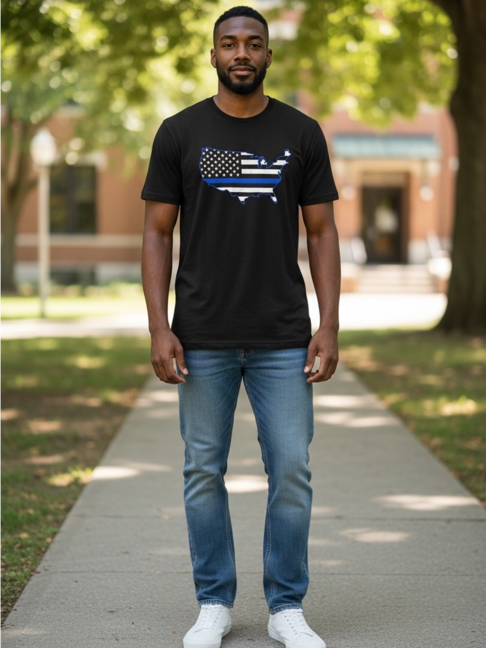 Thin Blue Line Men's Black Short-Sleeve T-Shirt USA Map Graphic Size Large